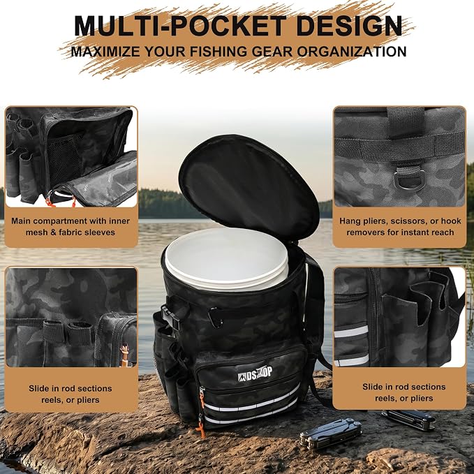 MDSTOP Fishing Bucket Backpack for 5 Gallon Bucket with Seat, Fishing Tackle Bag with Adjustable Buckle, Rod & Plier Holder and Multi-Pockets for Storage