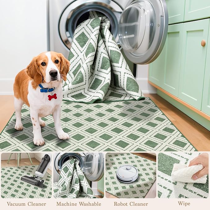 LBRO2M Machine Washable Rug Soft Pet Friendly Carpet 8X10 Green | Checkered Rug 8X10 for Living Room, Bedroom, Dining Room, Home Office, Non Slip Carpet, Foldable Stain Resistant Rugs