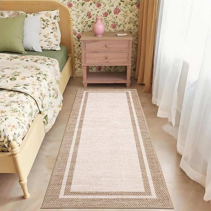 COZYLOOM Modern Border Kitchen Rugs Non Slip Washable 2x6 Runner Rug,Beige | Neutral Solid Color Non Shedding Low Pile Minimalist Stain Resistant Foldable Soft Rug for Bedroom Entryway Hallway Bathroom
