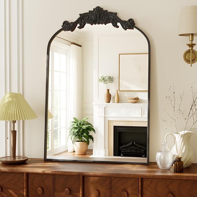 Vintage Arched Bathroom Mirror 24x36 Inch Retro Wall Matte Black | Mounted Vanity Mirror with Carved Pattern Top and Metal Frame, House Decorative Mirror for Hanging or Leaning
