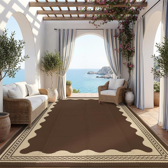 Garvee Large Outdoor Rug 10x14 Scalloped Waterproof Patio RV Outdoor Rugs Reversible Foldable Plastic Straw Rug Modern Camping Carpet for Deck Camper Porch Balcony Backyard Picnic Beach Brown