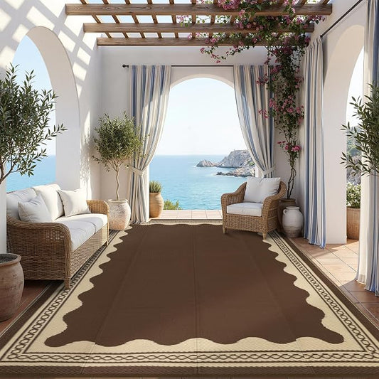 Garvee Large Outdoor Rug 10x14 Scalloped Waterproof Patio RV Outdoor Rugs Reversible Foldable Plastic Straw Rug Modern Camping Carpet for Deck Camper Porch Balcony Backyard Picnic Beach Brown