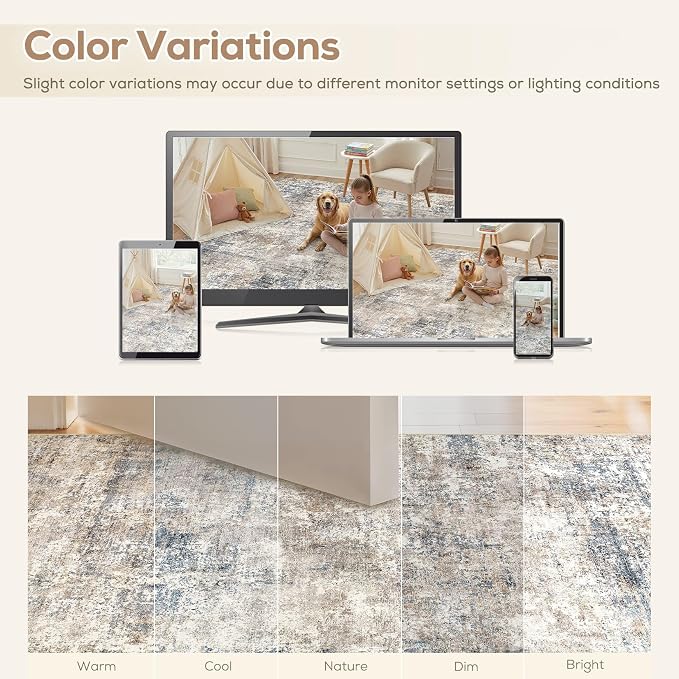 Nakagishi 5X7 Abstract Washable Area Rugs for Living Room-Blue Brown | Modern Non-Slip Silicone Backing Low Pile Soft Carpet for Bedroom Dining Decor Ideal for Families with Kids and Pets