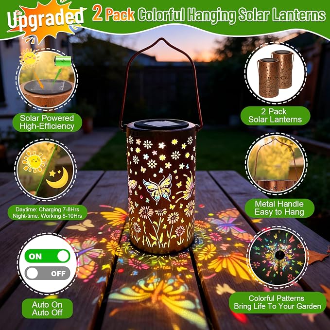 2-Pack Colorful Butterfly Solar Lanterns Outdoor Waterproof, Upgraded Garden Decor Metal Butterfly Hanging Solar Lantern for Outside Patio Tree Table Front Porch Decor, Gifts for Mother Grandma Women
