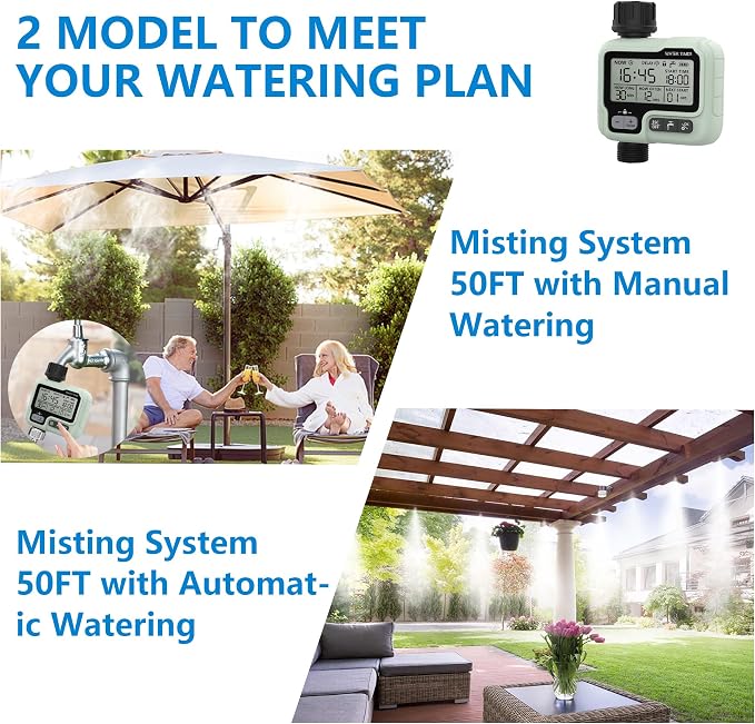 POCKET PANDA Misters for Outside Patio with Hose Timer,Misting System for Cooling Outdoor,50Ft (Black/White) for Watering Programmable,Water Mist Hose for Garden,Yard,