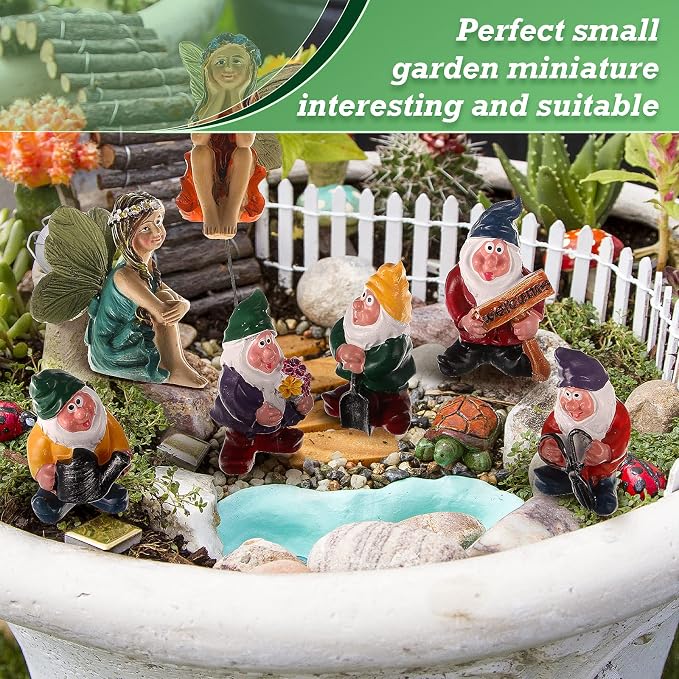 Queekay 13 Pieces Fairy Garden Miniature Accessories 6 Pcs Mini Fairy Figurines and 7 Pcs Tiny Gnomes for Outdoor Garden Yard Lawn Indoor Pot Plants Supplies Home Decor