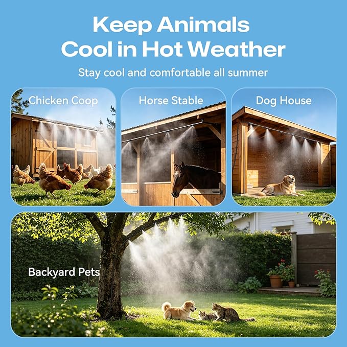Misters for Outside Patio 50FT/15M, Outdoor Water Misting Cooling System with 15 Brass Nozzles. Backyard Mist Kit for Garden Greenhouse Fan Umbrella Chicken Coop, Dog House
