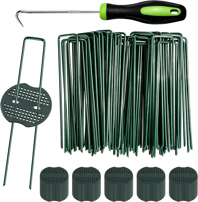 FEED GARDEN 6 Inch 100 Pcs Galvanized Landscape Staples 100 Pcs Gaskets Pick Hook Garden Stakes 11 Gauge Anti-Rust Landscaping Fabric SOD Pins U Shaped Yard Turf Stakes for Weed Barrier Fabric Green