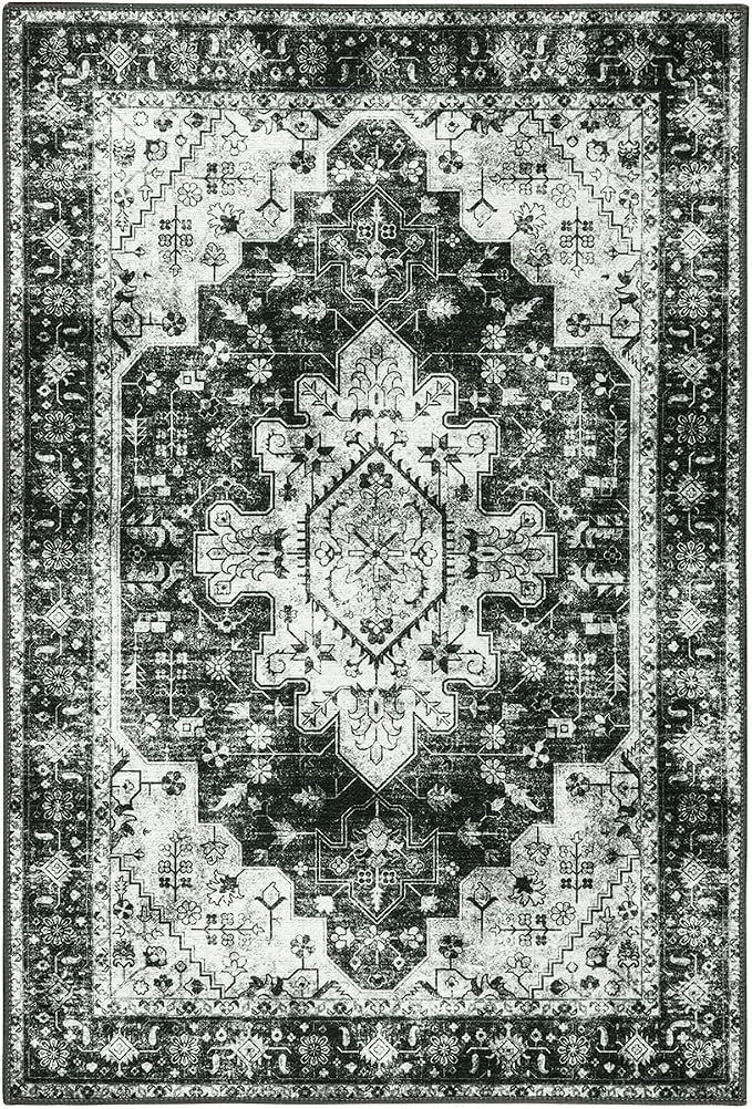 Moynesa Washable 2x3 Entryway Rug Small Front Door Mat, Black and White Kitchen Rugs Non Skid Non-Slip with Rubber Backing, Distressed Low Pile Throw Carpet for Indoor Outside Entrance