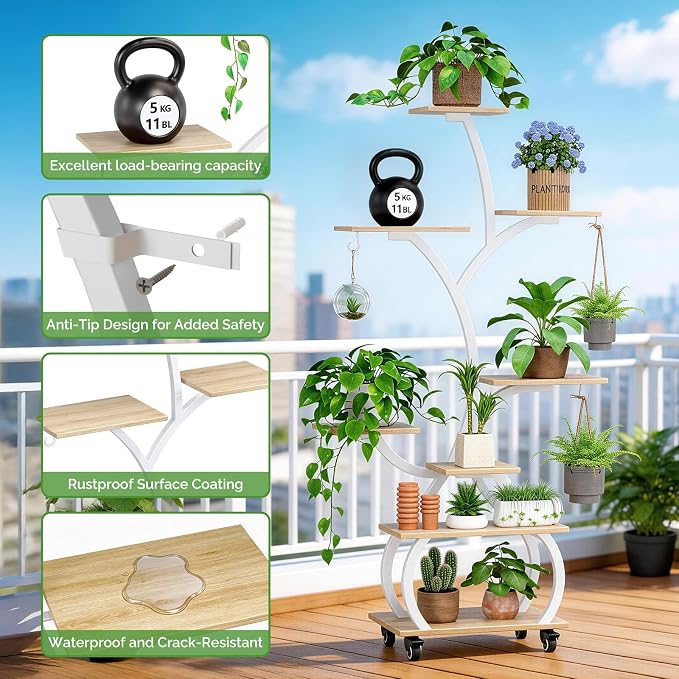 VINGLI Plant Stand Indoor with Grow Lights, 48" Small Space Plant Stand, 8-Tier Mobile Plant Shelf, Lighted Display Rack for Apartment, Living Room & Balcony, White and Oak