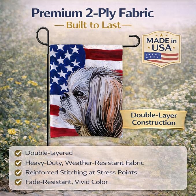 Caroline's Treasures CK6705GF Shih Tzu Dog American Flag Garden Flag Mailbox Flag Decorative Yard Flag Banner Outside Patio Artwork Yard Flower Beds, Garden Size, Multicolor