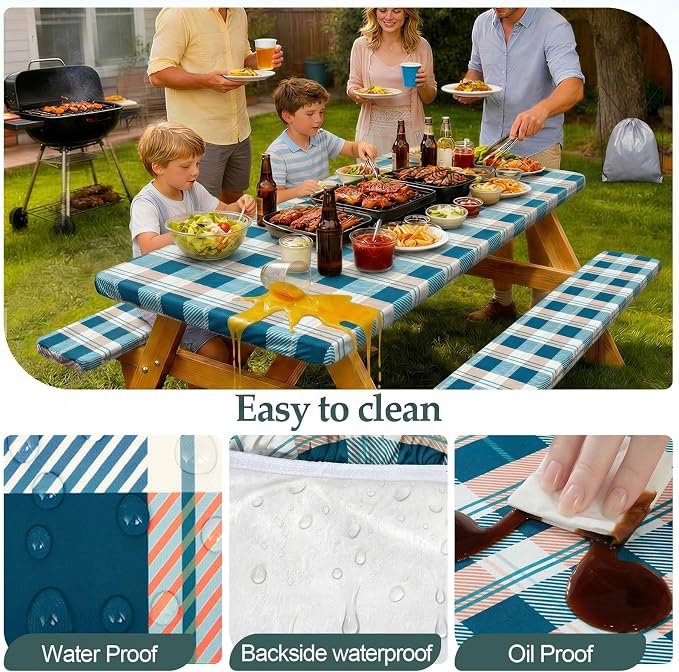 Play Tailor Picnic Table Cover with Bench Covers Camping Essentials Waterproof Windproof Camping Tablecloth with Drawstring Bag, Fitted Rectangle Tables and Seats, 72in, Green Checkered