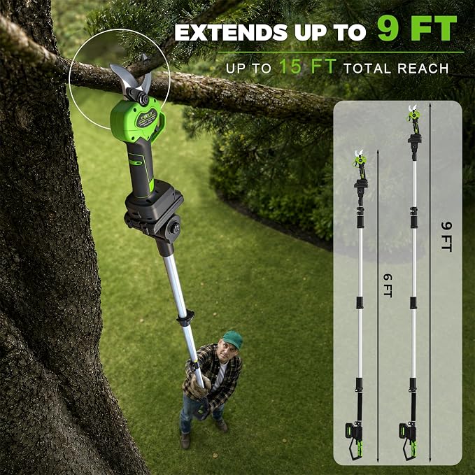 2-IN-1 Electric Pole Pruning Shears Cordless, 1.6" Cutting Diameter Cordless Pruner with 15 FT High Reach Extension Pole, 21V 4.0Ah Battery Powered Pole Pruner for Tree Trimming, LCD Display