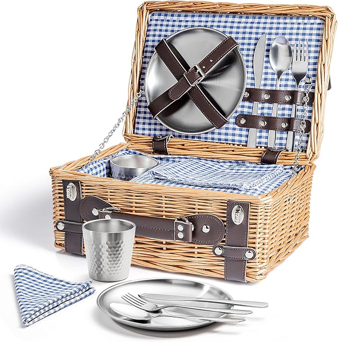 Picnic Basket Set for 2, Wicker Picnic Baskets with Waterproof Blanket and Cutlery Service Kit, Willow Hamper for Camping, Outdoors, Valentine's Day, Christmas, Birthday, Wedding Gift
