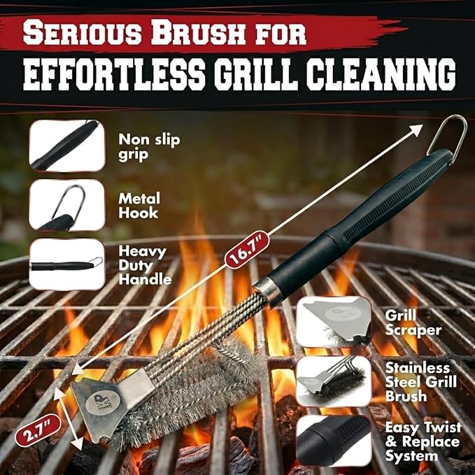 Kitchen Perfection BBQ Grill Brush & Scraper for Outdoor Grill - GrillSaver | Grill Cleaning Kit -Safe Wire Brush with Replaceable Head, Magnetic Hanger, Bottle Opener & Ebooks Full of Grilling Recipes