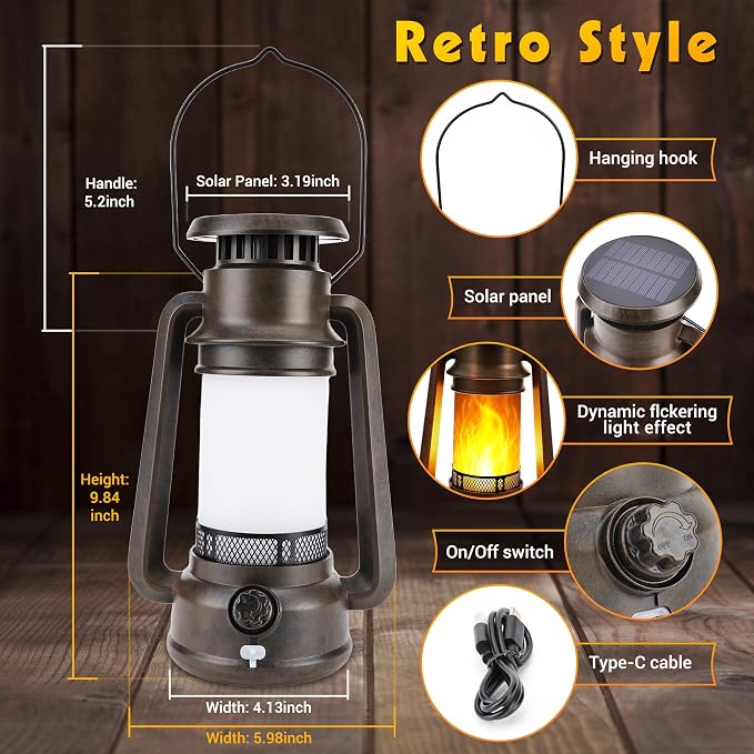 Toodour Solar Lantern Outdoor Lights, 2 Pack Vintage Solar Camping Lantern with 2 Modes, Dual Charging Solar/USB Waterproof Hanging Solar Light for Camping Patio Garden Yard Porch Outdoor Indoor Decor