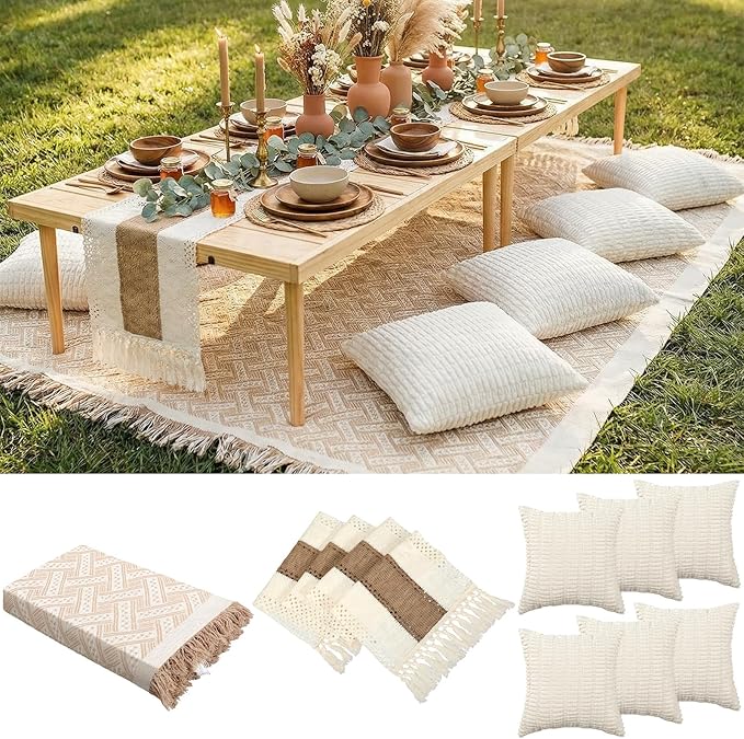Beeveer Extra Large Outdoor Boho Picnic Blanket 118'' x 71'' Beige White Table Runner 6 Throw Pillow Cover Woven Cotton Yarn Oversize Beach Blanket Washable for Picnic Camp Wedding