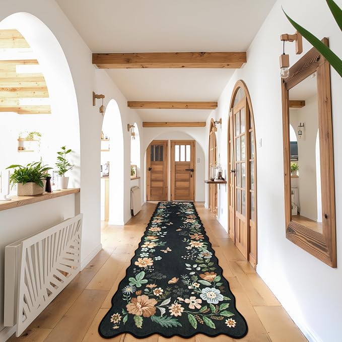 Lahome Floral Hallway Runner Rug, 2'6''x10' Soft Washable Kitchen Runner | Non Slip Ultra-Thin Soft Kitchen Runners for Hallways, Carpet for Entryway Bathroom Flore (Black/Grey)