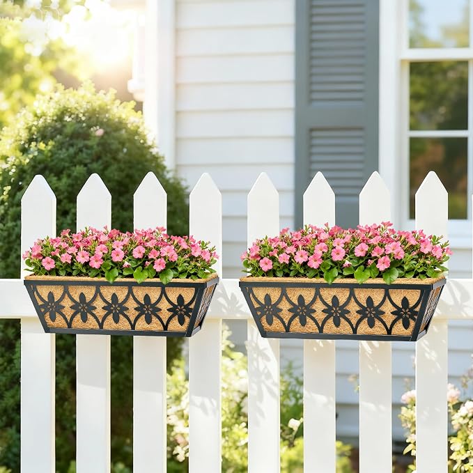 16 Inch Window Boxes Planters Railing Planter Box - 2 Pack Deck Railing Planter Boxes with Adjustable Brackets Coco Liners Balcony Planters Railing Hanging for Window Flower Boxes Outdoor Garden Decor