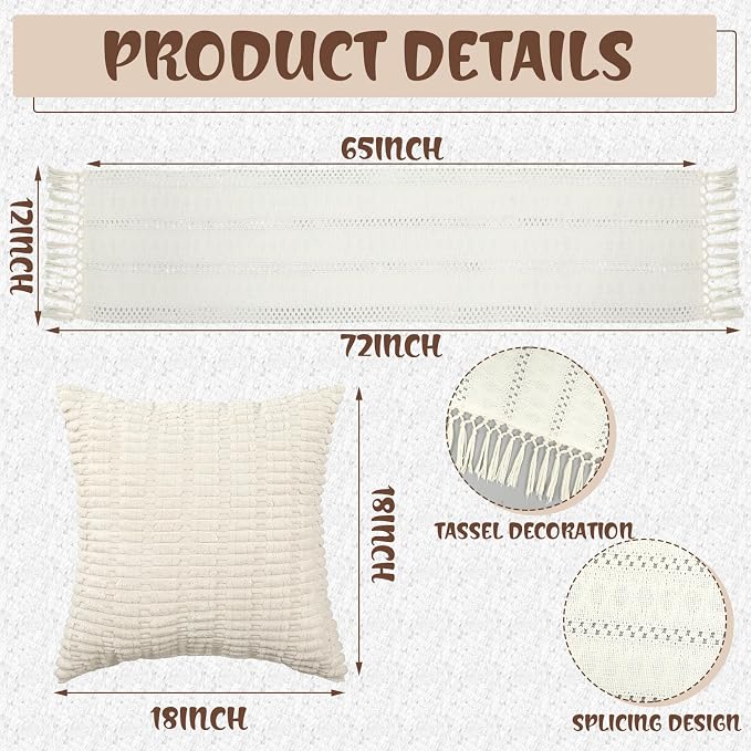 Beeveer 8 Pcs White Picnic Kit Extra Large Outdoor Boho Picnic Blanket 91x71'', Low Table Runner, 6 Throw Pillow Covers, Woven Cotton Yarn Oversize Washable Beach Blanket for Camp Wedding Garden Decor