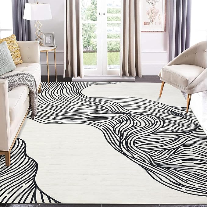 GAOMON 10x13 Area Rug Large Washable Rug Indoor Lines Printed Rugs Modern Abstract Aesthetic Rugs Soft Faux Wool Floor Cover Low Pile Non-Slip Accent Foldable Thin Carpet for Living Room Bedroom Cream