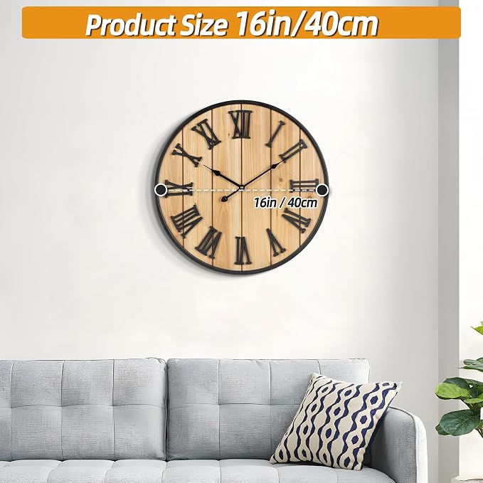 Large Wall Clock 16IN, Silent Metal Wood Style Wall Clocks Battery Operated for Living Room Decor, Farmhouse Big wall Clock, Outdoor