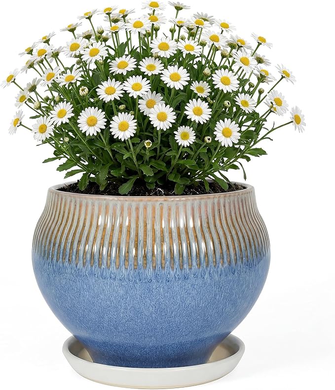 8.3 Inch Modern Ceramic Plant Pot with Drainage Hole and Mesh Net, Indoor Outdoor Planter with Saucer & Gardening Glove, Pots for Succulents, Flowers, Large Plants, Blue