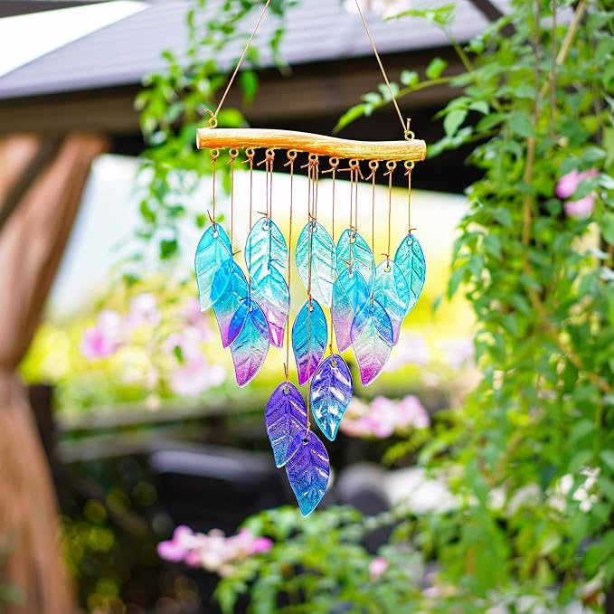 Wind Chimes for Outside,Stained Glass Leaves Wind Chimes Indoor Outdoor Hanging Decor Handmade 12.5" Garden Chimes for Windows, Patio,Backyard Decor Ornament for Christmas Tree