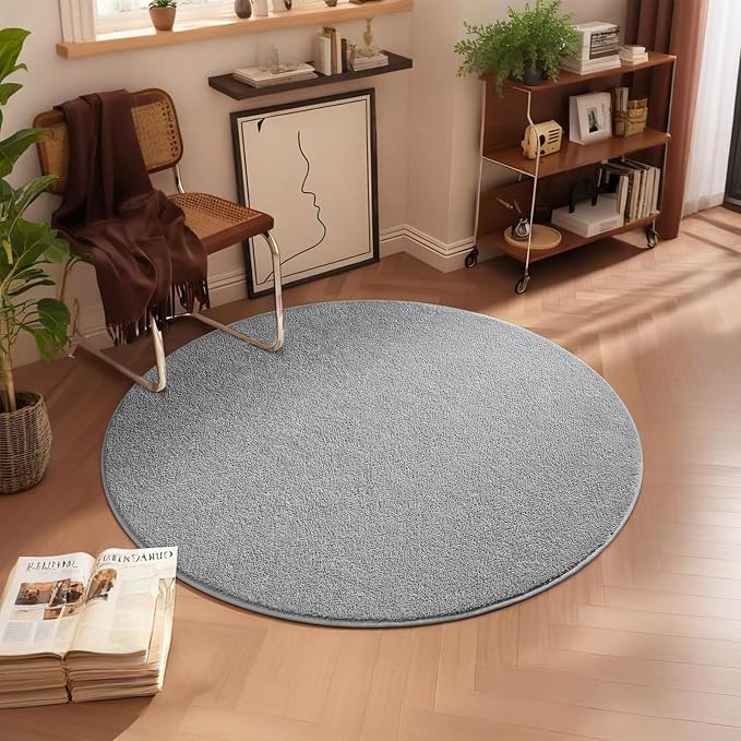 5' Grey Round Area Rug Modern Solid | Washable Memory Foam, Low Pile Non Slip Indoor Carpet for Living Room Bedroom Office Classroom College Dorm Room Home Decor