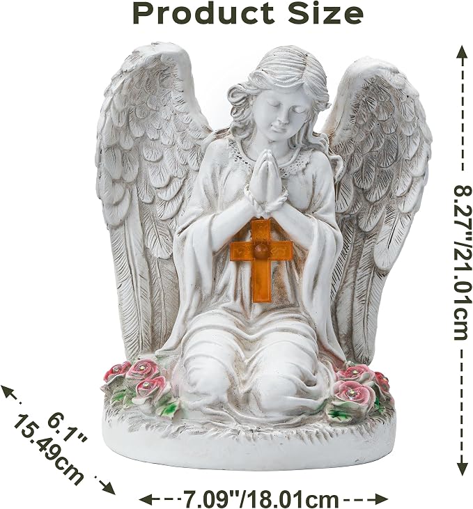 Solar Angel Garden Statues with Cross and 6 LED Lights, Solar Outdoor Decor for Patio, Balcony, Yard, Cemetery, Waterproof Praying Angel Figurines, Lawn Ornaments Gifts for Women, Mom, Grandma