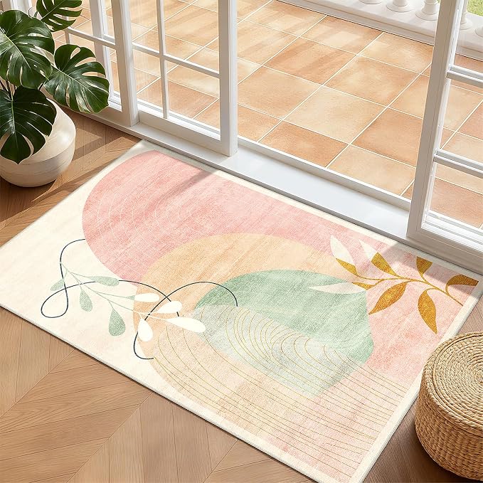 2x3 Washable Rug Small Area Rugs Non Slip Mid Century Modern | Throw Carpet for Bathroom Entryway Entry Entrance Bedroom Bedside Floor Indoor Boho Abstract Retro Geometric Pink
