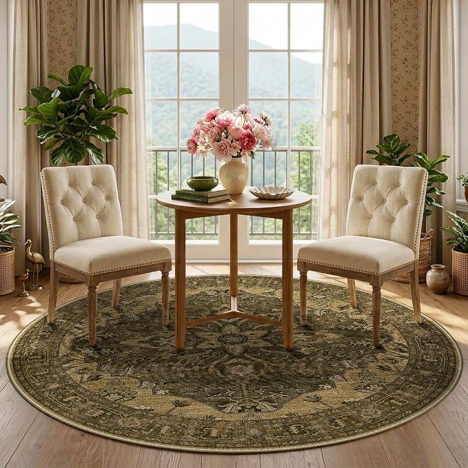 RELEANY Washable Area Rug, Round 5ft, Brown/Dark Brown | Non-Slip, Water Repellent, Pet Friendly, Easy to Clean, Vintage Floral Boho Decor for Living Room Bedroom Dining Room