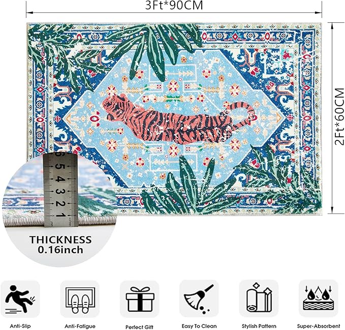 Tropical Jungle Rugs, 2x3 Faux Wool Botanical Boho Throw Rugs for Bathroom Kitchen Small Indoor Entryway Rug Modern Vintage Distressed Hippie Indian Accent Floor Mat Non-Slip Washable