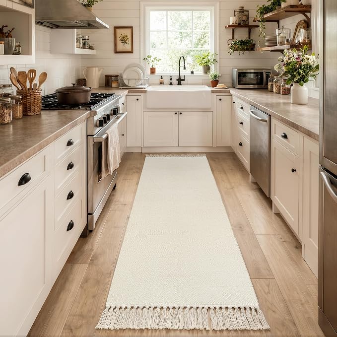 Rug Runners for Hallways, Boho Washable Kitchen Rugs | 2.6' x 10' Farmhouse Indoor Entry Hall Carpet, White Modern Hand Woven Bathroom Runner Rug for Bedroom Entrance Porch Decor