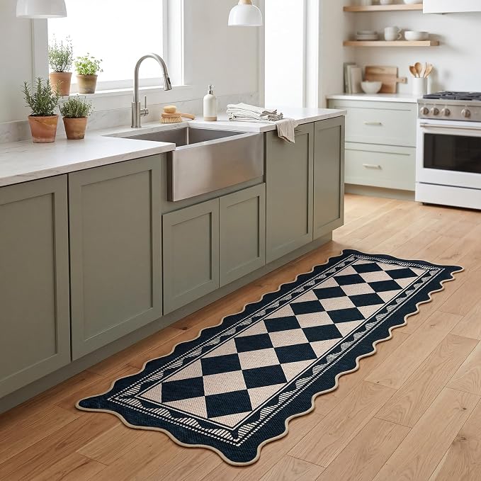 Garvee Easy Jute 2x6 Scalloped Kitchen Rugs Washable Rugs，Black/White | Indoor Outdoor Washable Rugs for Living Room Low Pile Floor Cover for Entryway Stain Resistant Indoor Carpet for Hallway