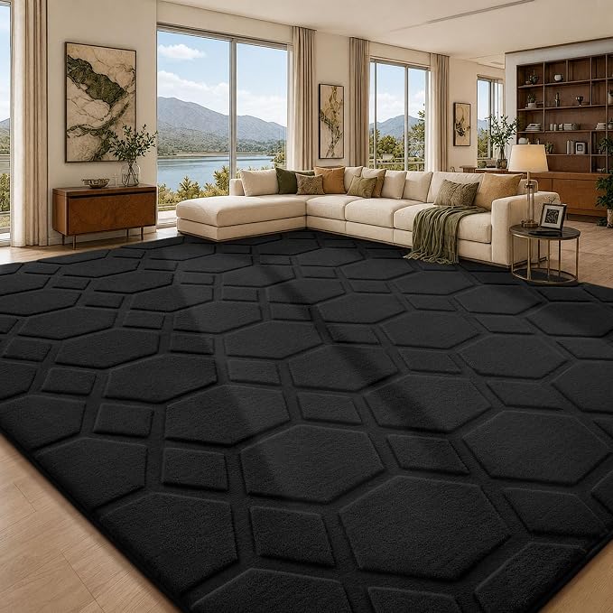 Living Room Bedroom, Large Carpet Black Rug | Big, Geometric Alfombra Para Salas Modernas, Washable, Non Slip Soft Thick Fluffy Plush, Memory foam Rug for Kids Playroom