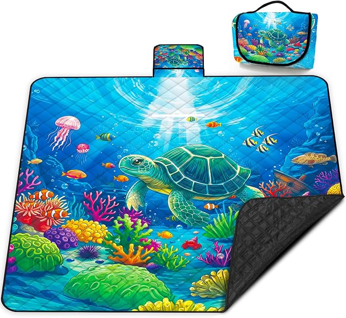 Poedist Extra Large Picnic Blanket Waterproof,80"x 80"Foldable Machine Washable Beach Blanket,Outdoor Blanket for 6-8 Adults, for Indoor Crawling,Park Beach,Camping,Hiking,Family Travel(Sea Turtle)