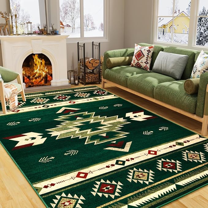 BENRON Western Rugs for Living Room Bedroom 5x7, Non Slip Area Rugs, Green | Southwest aztec Rustic Rugs for Dining Table Kitchen Home Decor, Washable