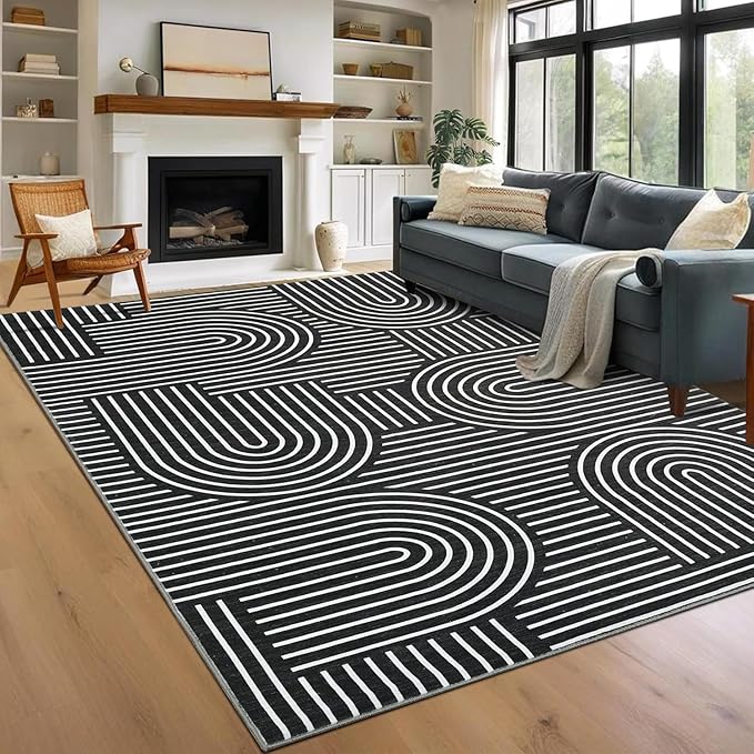 ROYHOME Modern Washable Rug 9x12 Area Rugs for Living Room Non Slip, Black | Abstract Rug for Bedroom, Rainbow Throw Rugs with Rubber Back, Low Pile Stain Resistant Boho Geometric Carpet for Dining Room