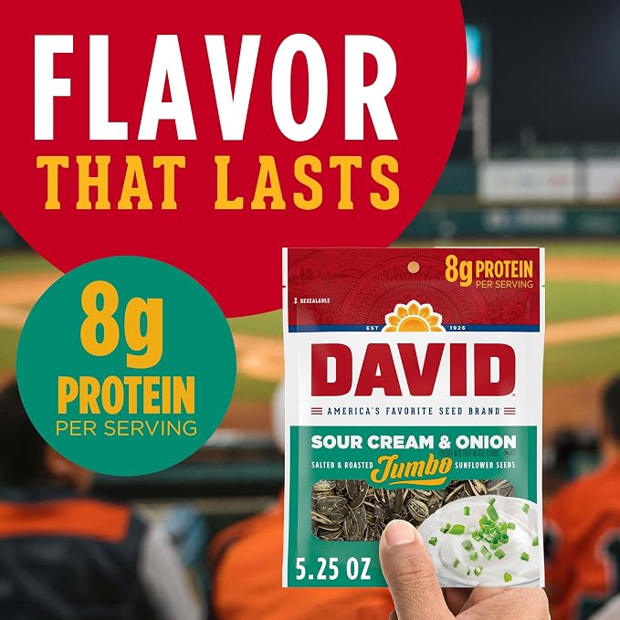 DAVID Roasted and Salted Jumbo Sunflower Seeds, Sour Cream and Onion Flavor, 5.25oz.
