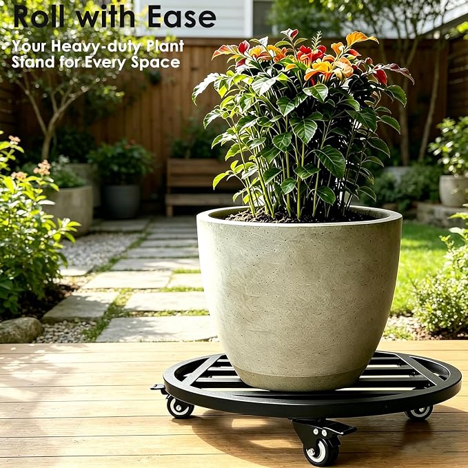 18" Round Plant Stand with Wheels Heavy Duty,Large Metal Plant Caddy Indoor Outdoor Use,Rolling Plant Dolly with Industrial Casters,Rust-Proof Black Plant Tray for Large Planters Pots,2-Pack