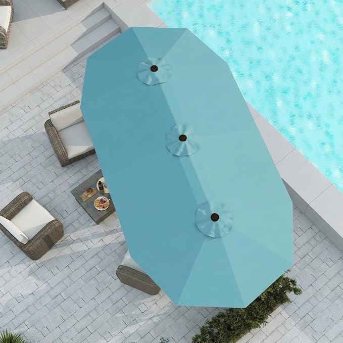 15FT Large Patio Umbrella with Base Included, Double Sided Outdoor Market Umbrella with Flexible Fiberglass Ribs, UV-Blocking Extra Large Umbrella for Garden, Pool, Deck, Sky Blue