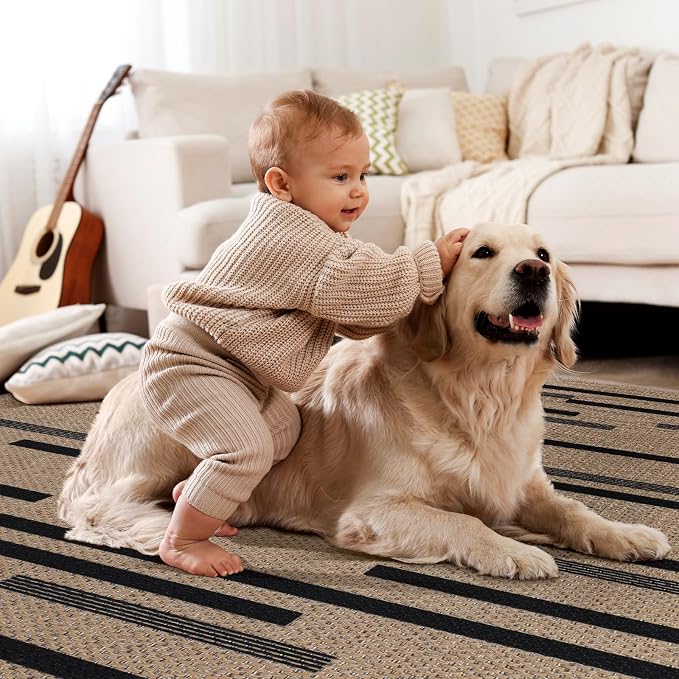 Tangsoo Easy Jute 2.6x8 Runner Rug for Hallway,Washable Non-Slip Indoor Rug | Modern Brown Irregular Striped Thin Outdoor Rug, Farmhouse Long Carpet Runner for Porch Laundry Bedroom Living Room