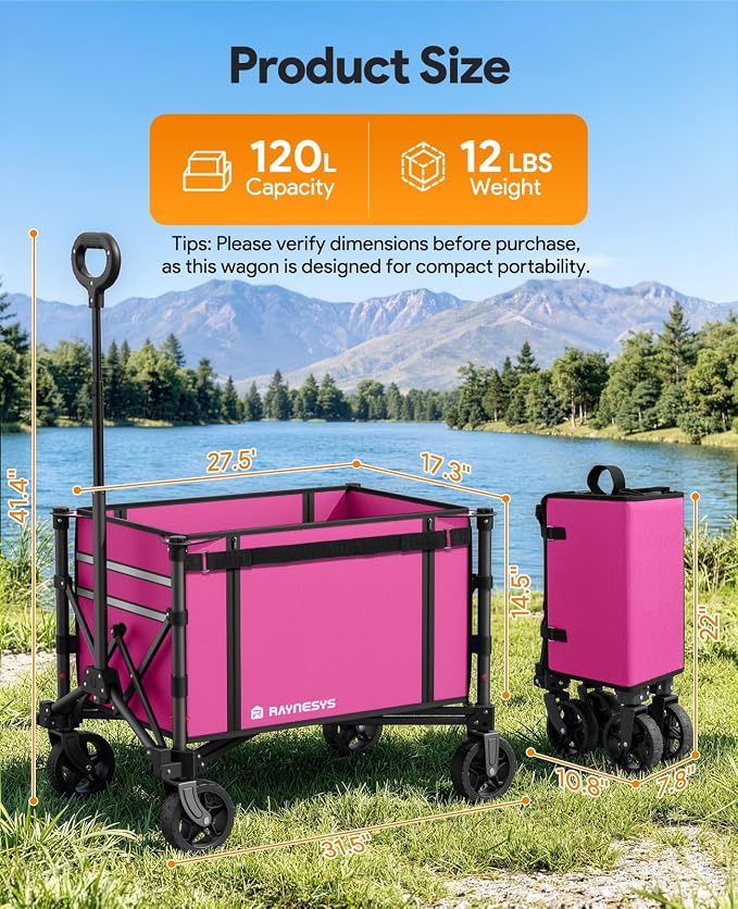 3 in 1 Collapsible Wagon Converts to Bench, 220lbs Foldable Wagon Cart with Wheels, 120L Shopping Cart for Groceries Folding Utility Wagon for Beach, Garden, Camping, Sport, Wheelbarrows, Pink