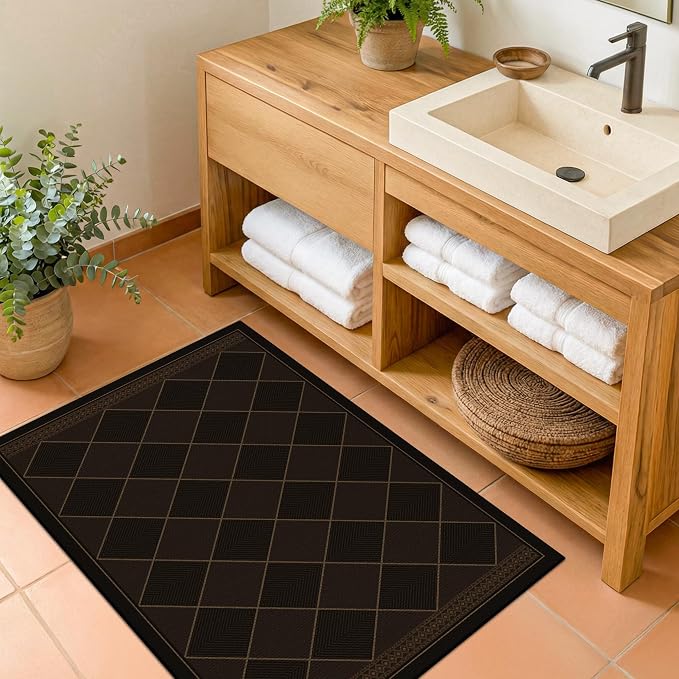 Dark Brown Easy Jute 2x3 Indoor Outdoor Rug for Entryway Porch, Checkered Boho Washable Kitchen Throw Rugs, Modern Farmhouse Diamond Front Door Mat Indoor Entrance, Bathroom, Non Slip Stain Resistant