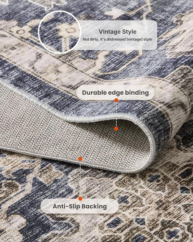AMADA HOMEFURNISHING 6x9 Area Rugs, Blue Low-Profile Washable Rug with Non-Slip Backing & Durable Edge Binding, Vintage Rugs for Living Room, Bedroom, Dining Room
