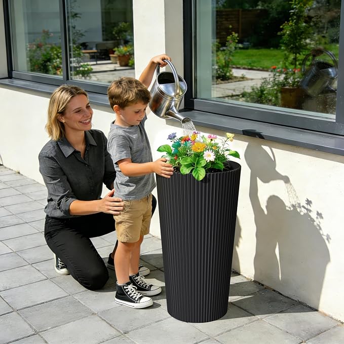 23.6" H Tall Planters for Outdoor Plants Set of 2 - Fluted Large Outdoor Planters for Front Porch Decor with Drainage Hole, Plastic Round Conical Flower Pots Fits Indoor Plants Patio, Black