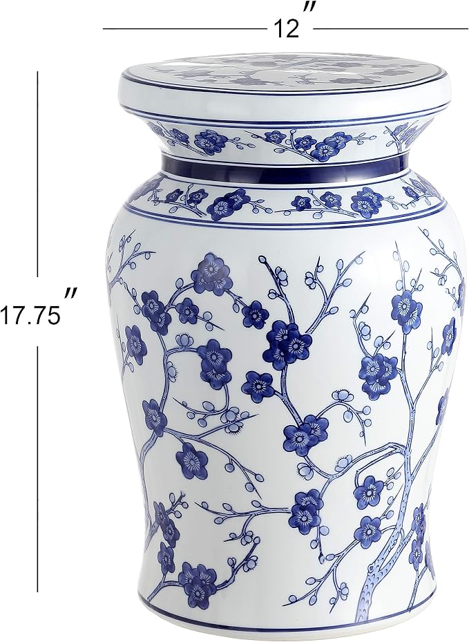 JONATHAN Y Cherry Blossom 18" Ceramic Chinoiserie Garden Stool, Traditional Floral Accent Side Table and Plant Stand for Indoor/Outdoor Garden, Patio, Living Room, Blue/White TBL1016A