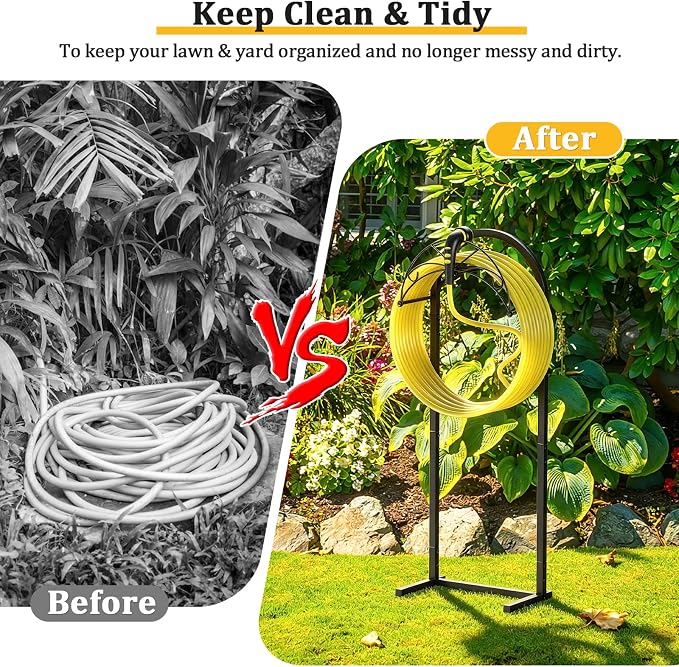 Garden Hose Holder with Pattern Heavy Duty Freestanding Holds 150ft | Auto-Grade Coat, Wide Base: No-tip yard stand. Drill-free: grass/decks. Tool-free twist, top tray for nozzles.