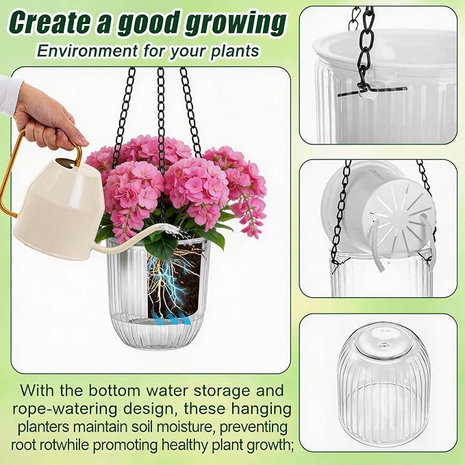12 Pcs 4.5 Inch Self Watering Hanging Planters for Indoor Outdoor Plants Bulk Pet Small Hanging Flower Pots with Chain Hooks Drainage Holes with Labels 3 Transplant Tools Baskets for Simple Plant Care
